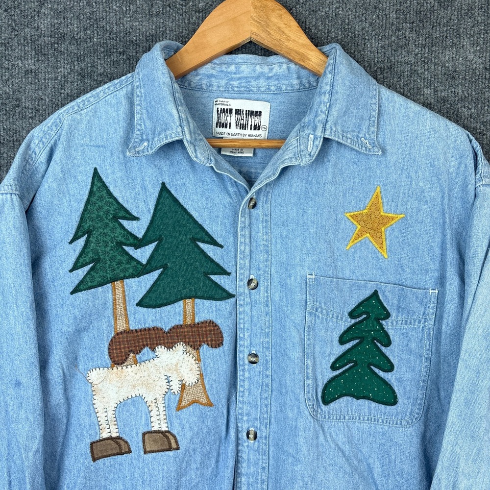 Vintage 80s Most Wanted Patchwork Trees Button Down Denim Shirt Large
